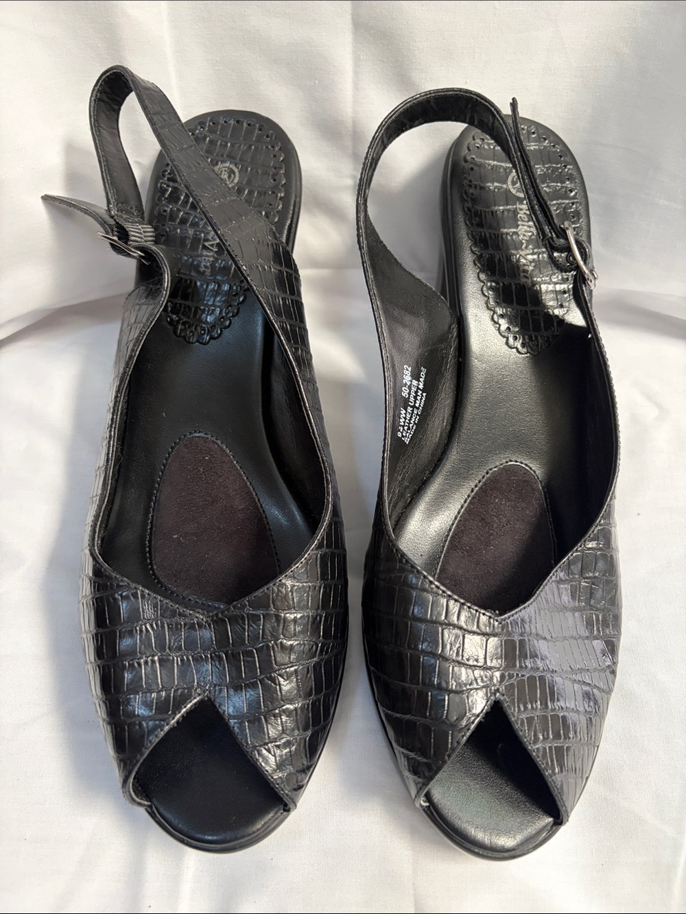 Bella Vita Black Leather Faux-Croc Peep-Toe Slingback Heels